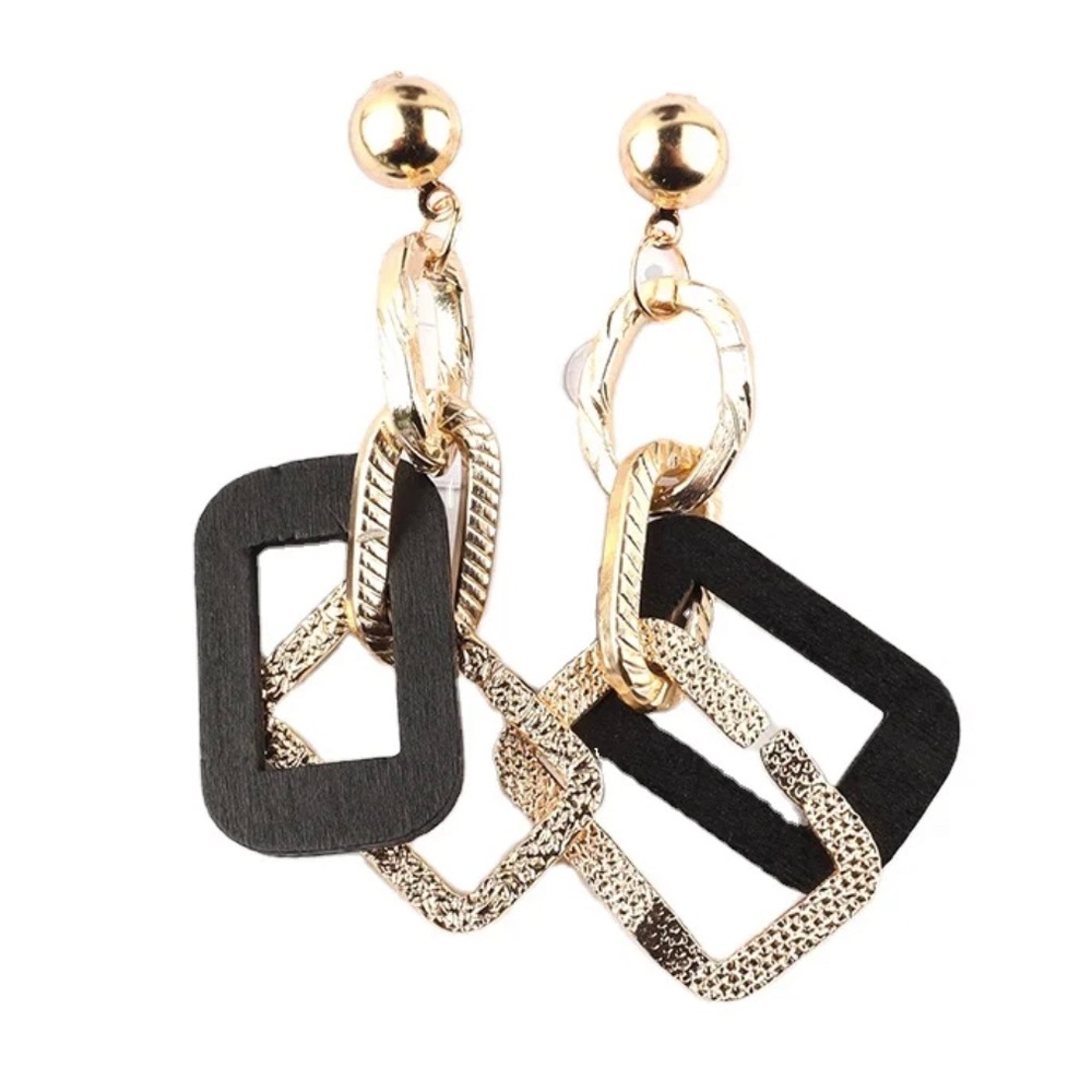 Multi-Shape Colorful Wooden with Gold-Tone Dangle Earrings, Push Back Closure - Picture 13 of 13